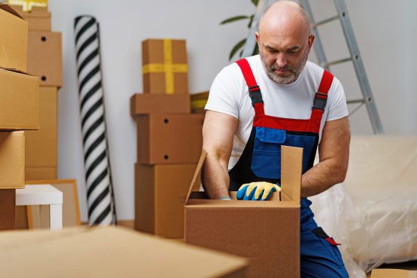 Man mover in uniform packing boxes for relocation, close up